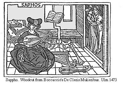 Woodcut of Sappho playing lute