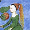 Woman showing black band and ponytail. Medieval image